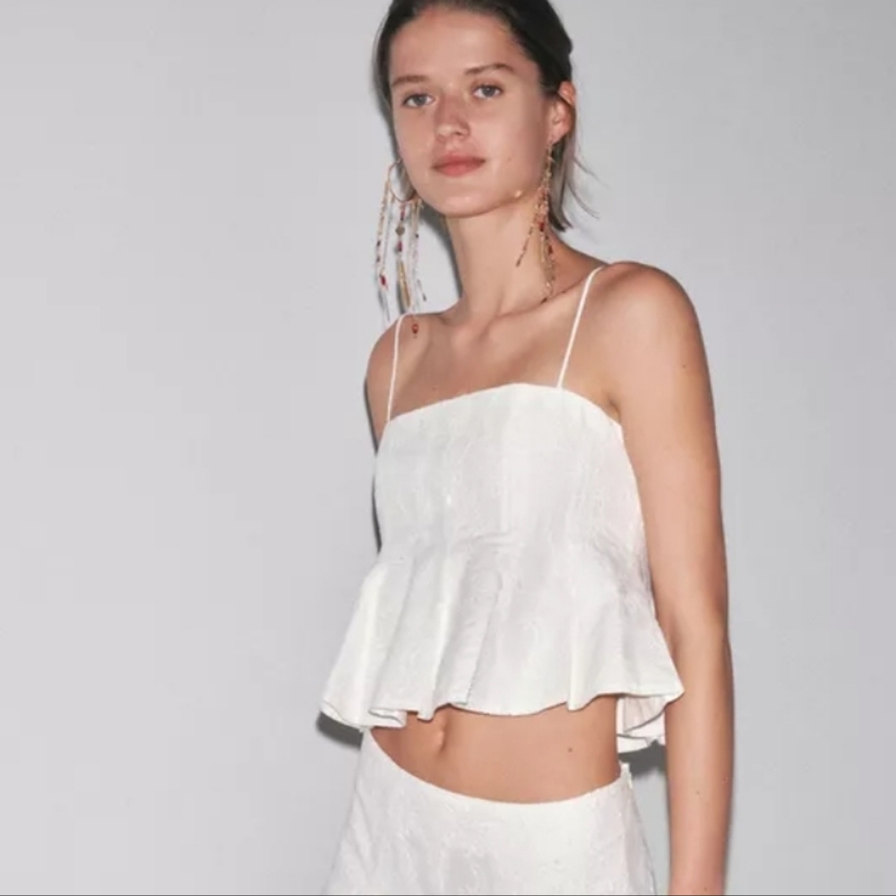 Zara Woman White Embroidered Eyelet Peplum Crop Top XS
